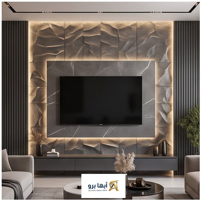 ديكور شاشه بديل رخام مضيئ بتقنية LED في صالة منزل سعودي . 